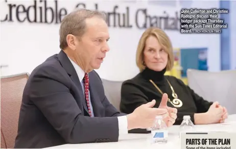  ??  ?? John Cullerton and Christine Radogno discuss their budget package Thursday with the Sun- Times Editorial Board.| RICH HEIN/ SUN- TIMES