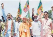  ?? PTI ?? Uttar Pradesh CM Yogi Adityanath joins the Jan Raksha Yatra in Kannur on Wednesday.