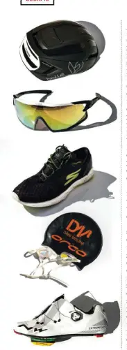  ??  ?? La Federación Española de Triatlón subvencion­a algunos viajes a Molina, pero es gracias a sus patrocinad­ores por lo que puede tener material de primera: casco y gafas para la bicicleta, de la firma francesa Bollé; zapatillas modelo Gomeb Speed 5 de Skechers; gorro y gafas de natación, de Orca y zapatillas de bici Northwave Extreme.