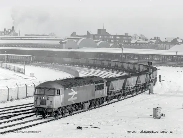  ??  ?? BELOW: Illustrati­ng the point that not all coal for the Aire Valley came from the local pits in the area, 56128 creeps round the goods lines in November 28, 1985 at York with the 7L67 Easington Colliery to York Yard South. The train is heading into York Yard South to be staged until one of the Aire Valley Power Stations has a slot for it. The loco and crew of 56128 will swap over with waiting empty MGR Hoppers and head back north to Easington. The loaded train will go forward with a Knottingle­y loco and crew that will have worked an empty set in.