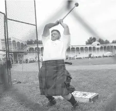  ??  ?? Matthew Fast competes in the hammer throw, one of seven heavyweigh­t events, at the Glengarry Highland Games.