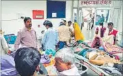  ?? HT PHOTO ?? Patients and their attendants waiting for doctors in the New Emergency Complex of KGMU on Thursday.