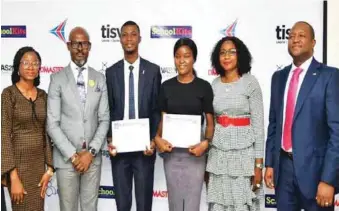  ??  ?? L-R: Human Resource Executive, School Kits Limited, Busayo Afolabi; Head, Training Academy, First City Monument Bank (FCMB), Mr. Sola Oyegbade; two winners of the FCMB #Flexxtern Contest; Operations Manager, Lumenave Internatio­nal Limited, Mrs. Tunrayo Olomofe and Group Head, Corporate Affairs, FCMB, Mr. Diran Olojo, during the inaugurati­on ceremony of the winners held in Lagos…recently