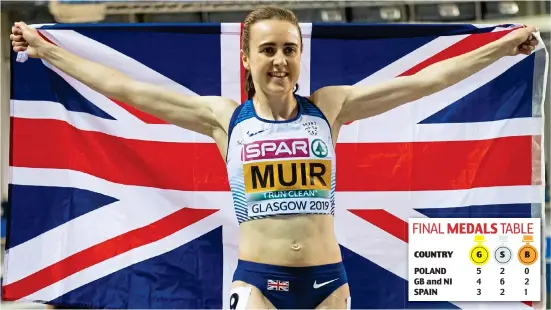  ?? SNS ?? Queen of the track: Muir celebrates her golden double in the 1500m and 3,000m