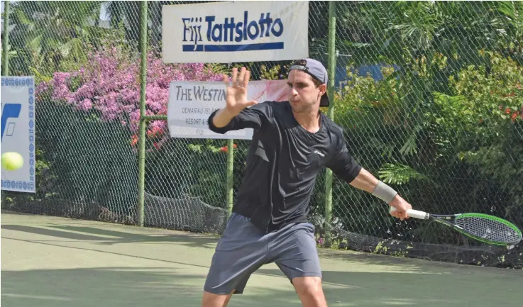  ?? Photo: Christine Ranuve ?? Fiji’s William O’Connell in action against Incham Titjine of New Caledonia at the Denarau Golf and Racquet Club in Nadi on May 24, 2018.