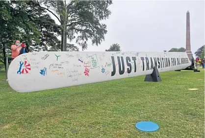  ??  ?? TURBINE TOUR: The 42ft Greenpeace wind turbine blade in Duthie Park, which has been signed by members of the public. Pictures by Kath Flannery.