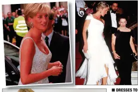  ??  ?? The midnight blue dress worn by Diana when she danced with John Travolta at the White House; Diana’s daywear that she wore on an official visit to Venice in 1985; Diana, Princess of Wales in London; and New York