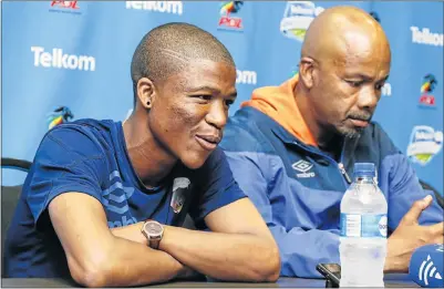  ?? Picture: GALLO IMAGES/MICHAEL SHEEHAN ?? WINNING STREAK: Samuel Julies and Chippa United caretaker coach Teboho Moloi during a media conference at the Nelson Mandela Bay Stadium in Port Elizabeth yesterday