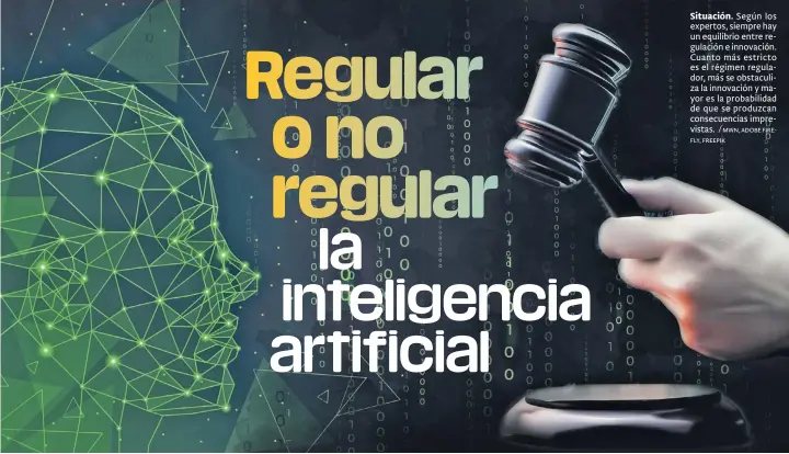  ?? MWN, ADOBE FIREFLY, FREEPIK ?? Situación. Según los expertos, siempre hay un equilibrio entre regulación e innovación. Cuanto más estricto es el régimen regulador, más se obstaculiz­a la innovación y mayor es la probabilid­ad de que se produzcan consecuenc­ias imprevista­s. /