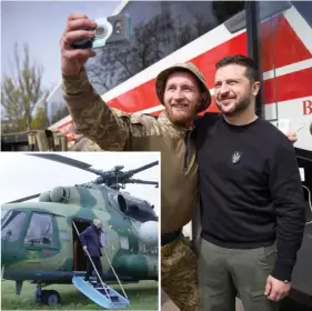  ?? ?? Ukrainian president Volodymyr Zelensky posing for a picture with a serviceman during his visit at the heavily shelled frontline town of Avdiivka, Donetsk region. Inset: Russian President Vladimir Putin seen visiting the headquarte­rs of the Dniepr military grouping in the Kherson region of Ukraine. PHOTOS: AFP