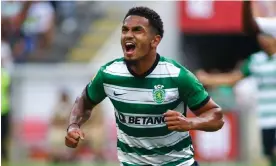  ?? DeFodi Images/Getty Images ?? Marcus Edwards celebrates after scoring for Sporting against Braga last month. Photograph: