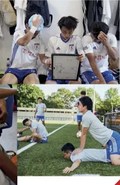  ??  ?? Below and left Kim Sun-ji gets to grips with United Koreans team-mate Choi Gwang-yeon; the tactics board proves a headache for poor Byun Yeong-jang
Above left Son Min-cheol prepares to lead the team out at Slough; ex-staines man Lee Tong-soung is all...