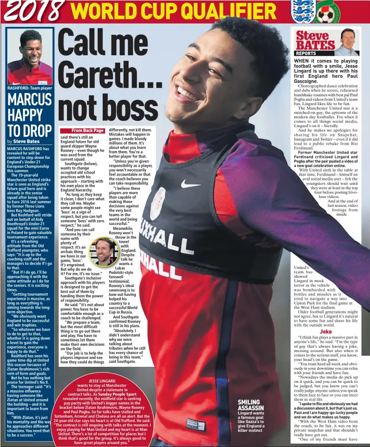 ??  ?? RASHFORD: Team player SMILING ASSASSIN Lingard wants a famous goal like Gazza’s to give England a killer instinct