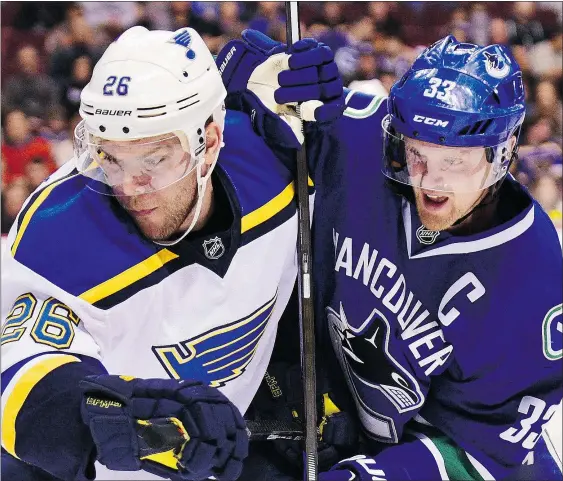  ?? ANNE-MARIE SORVIN/USA TODAY SPORTS ?? Vancouver captain Henrik Sedin battles with Blues forward Paul Stastny earlier this month at Rogers Arena: ‘Next year is going to be a good test’ for the rookies, he says, and those lessons are being taught right now.