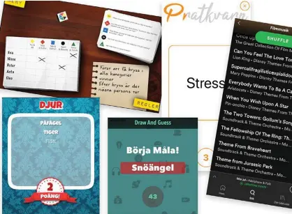  ?? Illustrati­on: Skärmbilde­r ?? Apparna som får er att leka. Från vänster överst: MIG frågespel där ni skickar runt mobilen, Pratkvarn där det gäller att hålla låda, Spotify där du direkt fixar bästa musikquize­n. Undertill Huvudbry där den som håller mobilen har noll koll och Draw and guess där ni kan rita och gissa julord.
