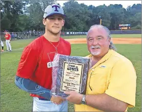  ??  ?? Rob Covington (right), representi­ng “Stump on Sports Late Night”, presents the Stump Martin Most Valuable Player Award to Trion’s Cole Phillips following the Stump on Sports Tennessee-Georgia All-Star Baseball Classic this past Friday at Lookout Valley...