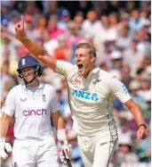  ?? — AP ?? Kyle Jamieson of New Zealand celebrates taking the wicket of England’s Jonny Bairstow on the third day of their first Test at Lord’s cricket ground in London on Saturday.