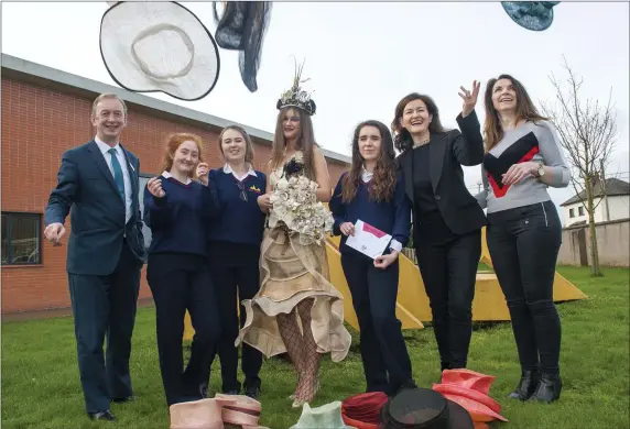  ??  ?? Pictured at the announceme­nt are 3rd Year students Emma Cassidy(hair), Nadia Zalecka and Nicole Reynolds(make up) and 5th Year student Designer Leah Murphy from Scoil Ui Mhuiri in Dunleer who created The Latest Bestseller with Art Teacher Deirdre...