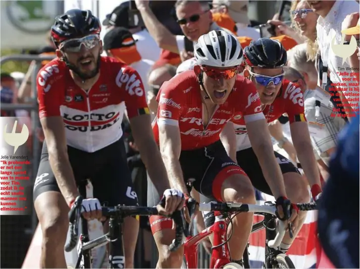  ?? FOTO PHOTO NEWS ?? Vanendert en Wellens op de Muur van Hoei, met Mollema tussen hen in.