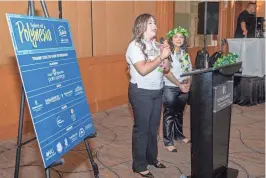  ?? ?? Hospitalit­y management students Alejandra Portillo and Evyanah Camp provide opening remarks at the “Spirit of Polynesia” gala.