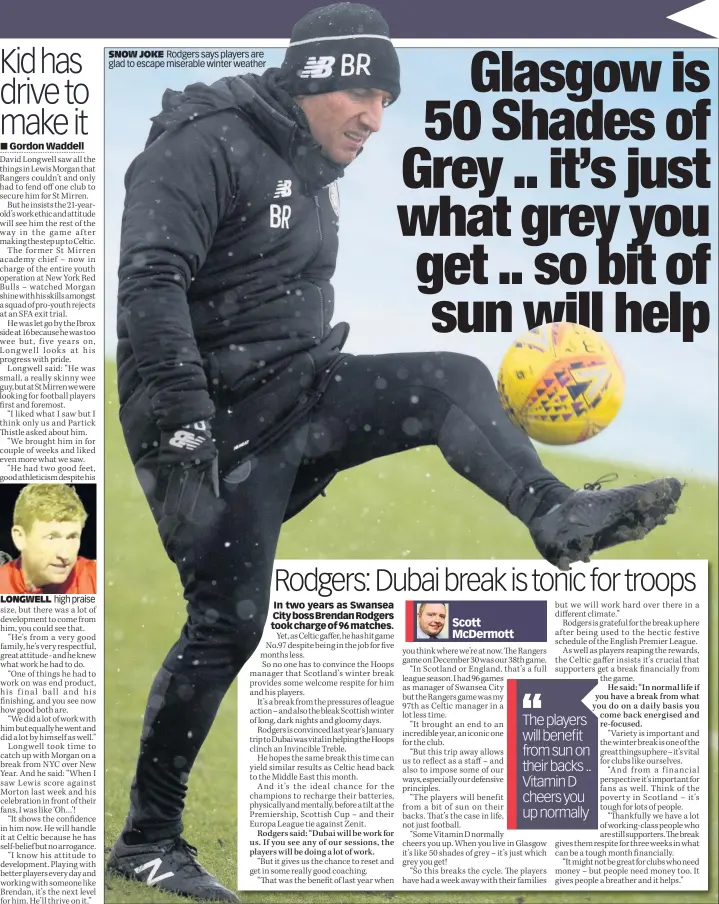 ??  ?? LONGWELL high praise SNOW JOKE Rodgers says players are glad to escape miserable winter weather