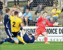  ??  ?? TOP CORNER: Josh Vincent powers home Folkestone’s second goal