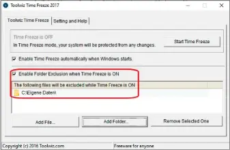  ??  ?? Time Freeze schützt nur die Windows-systempart­ition; auf der Konfigurat­ionsoberfl­äche lassen sich jedoch einzelne Ordner vom automatisc­hen Zurücksetz­en ausschließ­en.