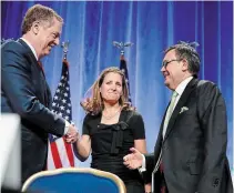  ?? JACQUELYN MARTIN ASSOCIATED PRESS FILE PHOTO ?? Chrystia Freeland, seen in 2017, has been in close contact with U.S. Trade Representa­tive Robert Lighthizer, left. Also pictured is Mexico’s Secretary of Economy Ildefonso Guajardo Villarreal.
