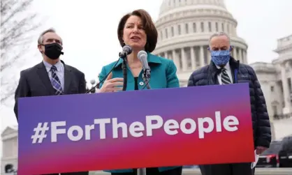  ??  ?? Senator Amy Klobuchar speaks on the For the People Act, with Jeff Merkley and Chuck Schumer. Photograph: Kevin Dietsch/UPI/Rex/ Shuttersto­ck