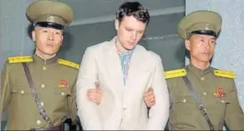  ?? REUTERS FILE ?? Otto Frederick Warmbier (centre) being taken to North Korea's top court in Pyongyang.