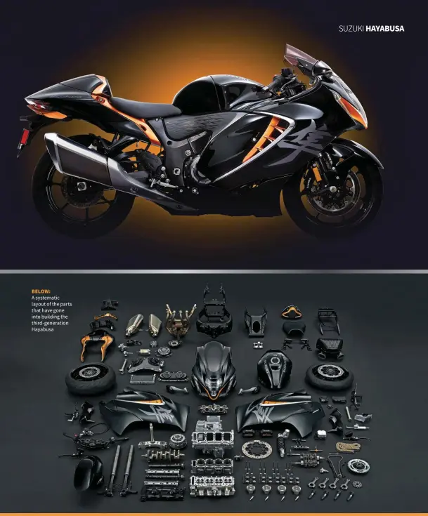  ??  ?? BELOW: A systematic layout of the parts that have gone into building the third-generation Hayabusa