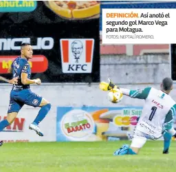  ?? Fotos: Neptalí Romero. ?? DEFINICIÓN. Así anotó el segundo gol Marco Vega para Motagua.
