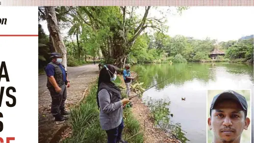  ?? PIC BY EFFENDY RASHID ?? Noreshah Othman (second from left) fishing at Tunku Abdul Rahman Lake, Zoo Negara Malaysia, in Kuala Lumpur on Wednesday. (Inset) Pvindran Jivanatham.