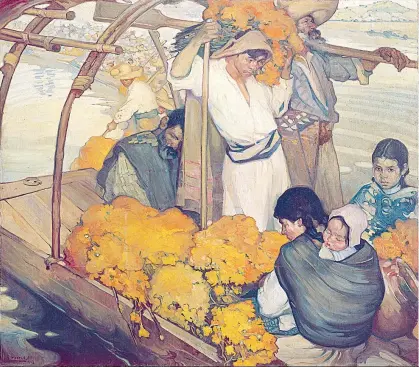  ??  ?? Rostros indígenas que sobresalen entre el naranja de flores de cempasúchi­l, sobre una trajinera en Xochimilco, retratados por Saturnino Herrán en La ofrenda, 1913, óleo que destaca en la muestra Saturnino Herrán y otros modernista­s que se inaugurará en...