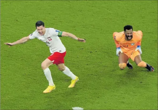  ?? ?? Lewandowsk­i celebra el segundo tanto de Polonia y el primero que marca en un Mundial.