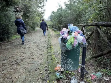  ?? (foto LaPresse/Pane -grossi) ?? TendeUno dei tanti accampamen­ti di fortuna nel parco di Monte Mario e, a destra, un vialetto con il cestino stracolmo di rifiuti