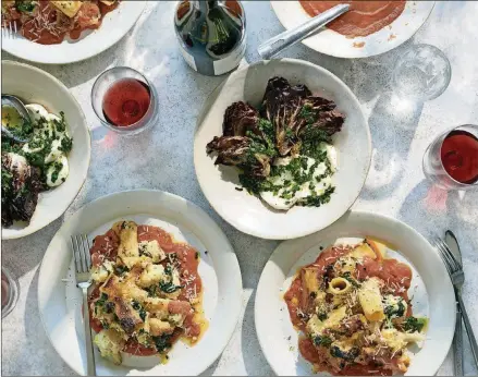  ?? FOOD STYLED BY SIMON ANDREWS. DAVID MALOSH/THE NEW YORK TIMES ?? When the urge to get on a plane strikes, make this destinatio­n of a dinner instead: Rigatoni al forno with cauliflowe­r and broccoli rabe (bottom) and mozzarella with charred radicchio and salsa verde (center).