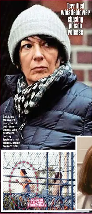  ?? ?? Ghislaine Maxwell’s ready to rat out rogue agents who protected Jeffrey Epstein’s rich clients, prison sources spill
CAGED IN A FLORIDA PENITENTIA­RY
Maxwell is serving a 20-year prison sentence