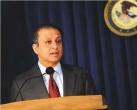  ?? Bloomberg ?? Preet Bharara, then US attorney for the Southern District of New York, speaks during a news conference in New York in 2013. Bharara described the SAC case in momentous terms, saying that it involved illegal trading that was “substantia­l, pervasive and...