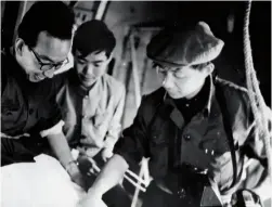  ??  ?? Archaeolog­ists Zhao Dianzeng (left) and Chen Xiandan (center) and photograph­er Chen Xianghua take aerial photograph­s of the Sanxingdui site, 1981