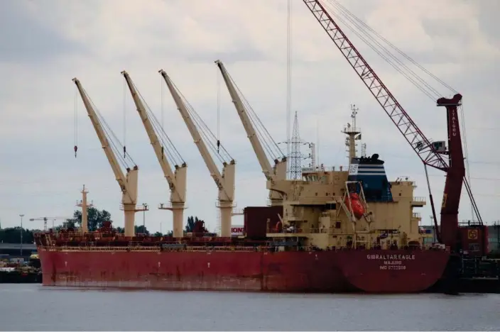  ?? Photograph: Pieter Inpijn ?? The cargo ship Gibraltar Eagle in Belgium last July. It has been hit by a missile fired from Yemen.