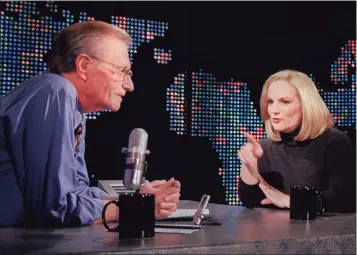  ?? Tina Fineberg / Associated Press ?? Patricia Hearst Shaw gestures toward talk show host Larry King on the set of CNN’s “Larry King Live” in New York on Jan. 31, 2001.