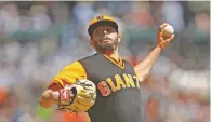  ?? BEN MARGOT/ASSOCIATED PRESS ?? Giants pitcher Andrew Suarez pitched seven scoreless innings of three-hit ball on Saturday against the Rangers in San Francisco.