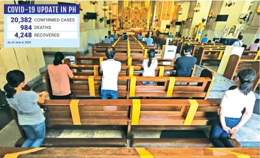  ??  ?? KEEPING THE FAITH – Catholics attending mass at the Cebu Metropolit­an Cathedral observe social distancing yesterday as regular officiatin­g schedule is announced following the implementa­tion of the less restrictiv­e General Community Quarantine in the city. (Juan Carlo de Vela)