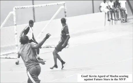  ?? ?? Goal! Kevin Agard of Mocha scoring against Future Stars in the MVP