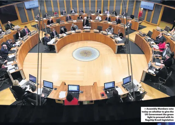  ??  ?? > Assembly Members vote today on whether to give the UK Government the green light to proceed with its flagship Brexit legislatio­n