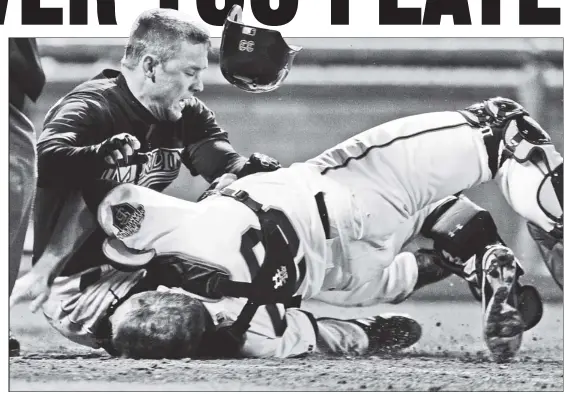  ?? AP ?? BETTER SAFE THAN SORRY: Major League Baseball’s ban on home-plate collisions should help eliminate injuries to players, such as Buster Posey, who suffered a broken fibula and torn ankle ligaments after Scott Cousins barreled into him in May 2011.