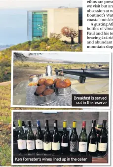  ??  ?? Breakfast is served out in the reserve Ken Forrester’s wines lined up in the cellar
