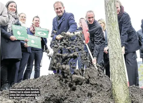  ??  ?? Umweltsena­tor Jens Kerstan (Mitte) hat in einem symbolisch­en Akt eine Sumpfeiche in der HafenCity gepflanzt.