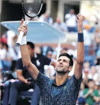  ?? CAROLYN KASTER/THE ASSOCIATED PRESS ?? Novak Djokovic celebrates his fourth-round win over Portugal’s Joao Sousa in straight sets at the U.S. Open on Monday. Djokovic won despite a heat-related medical timeout.
